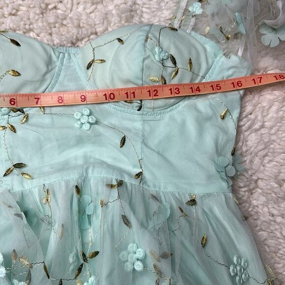 Aqua Floral Whimsical Flower Balloon Bubble Sleeves Girly MIDI Dress R5 - Picture 5 of 11